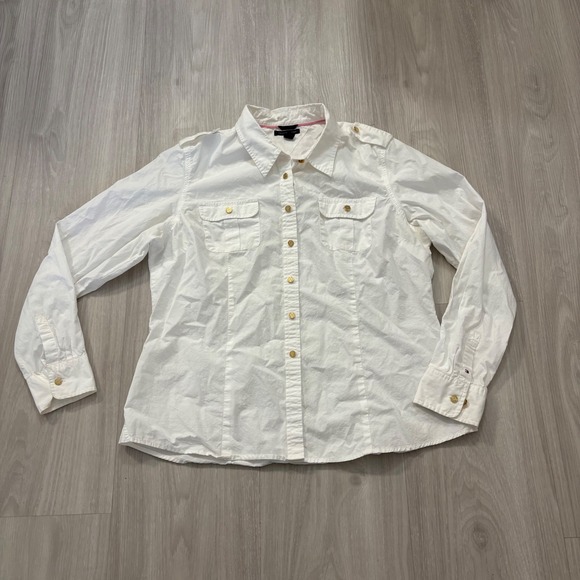 Tommy Hilfiger Tops - Tommy Hilfiger Womens Shirt White Button Down Utility Gold Buttons Epaulets XL